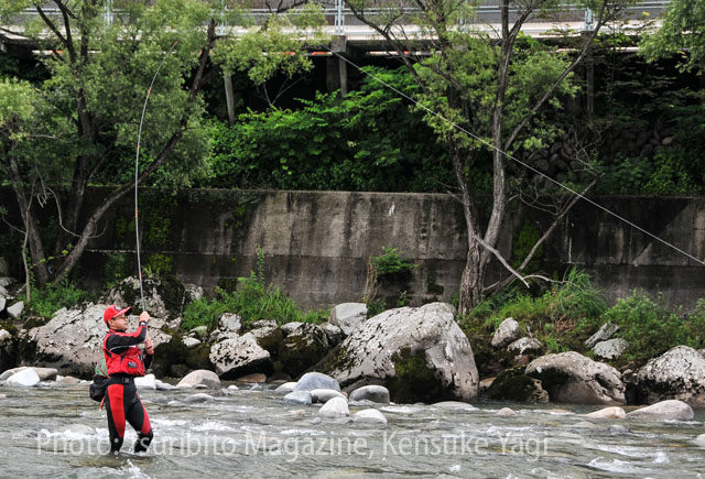 Kazunori Kobayashi into a big fish on a Honryu river