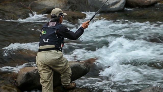 Masami Sakakibara fishing a fast stream