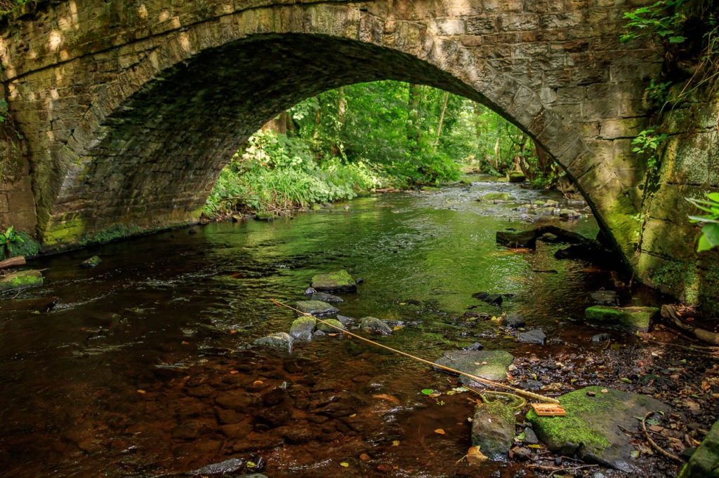 Bridge over a Trout Stream and Bamboo tenkara rod with hand-made wooden fly box