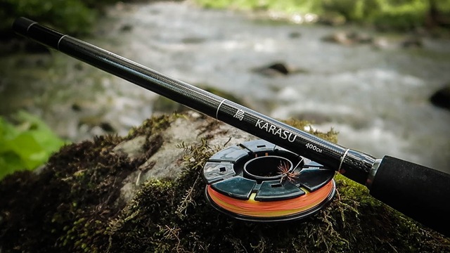 Complete Tenkara Kit: Karasu rod and Karasu line winder (Shikake Maki) loaded with level line, tippet and fly