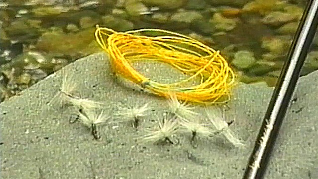Sebata san line and kebari (tenkara flies) video frame from the 1990s