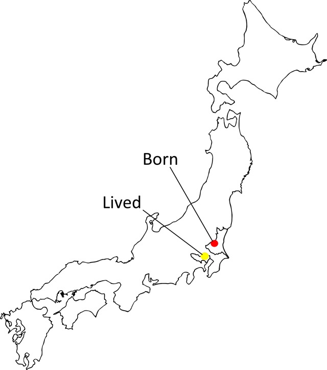 Map of the birthplace and adult home of Sebata-san